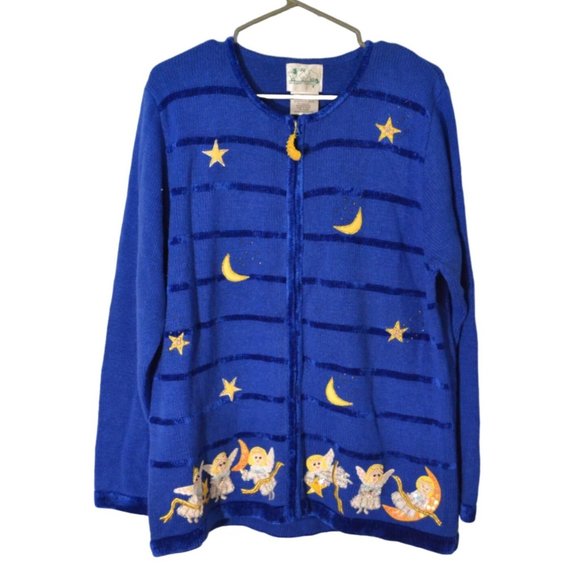 Quacker Factory Sweater Women's Large Blue Knit Moon Stars Angels Embroidery - Picture 1 of 7